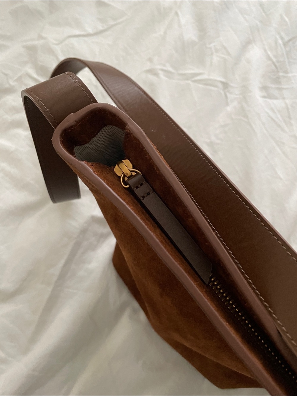 Quince Italian Suede Crossbody Bucket Bag in Whiskey Brown - Picture 8 of 14
